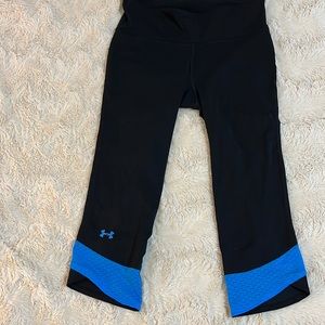 Under Armour Black Blue Capri Fly-By Running Zippered Pocket Athletic Leggings S